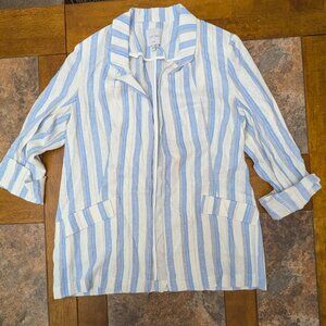 Women's Love Tree Blue and White Linen Woven Striped Blazer- Large